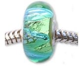 Blue Green Foil Glass Charm Bead Sterling Core Fits Most Brands of European Bead Bracelets