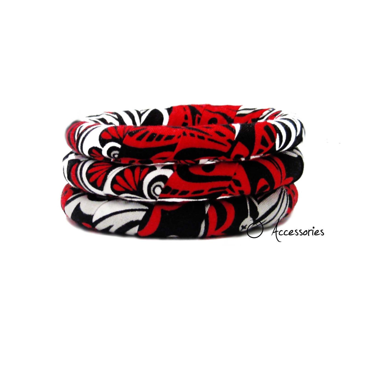 Black, White and Red Printed Fabric Wrapped Bangle Bracelet, Cotton, Set of 3 - OAccessories