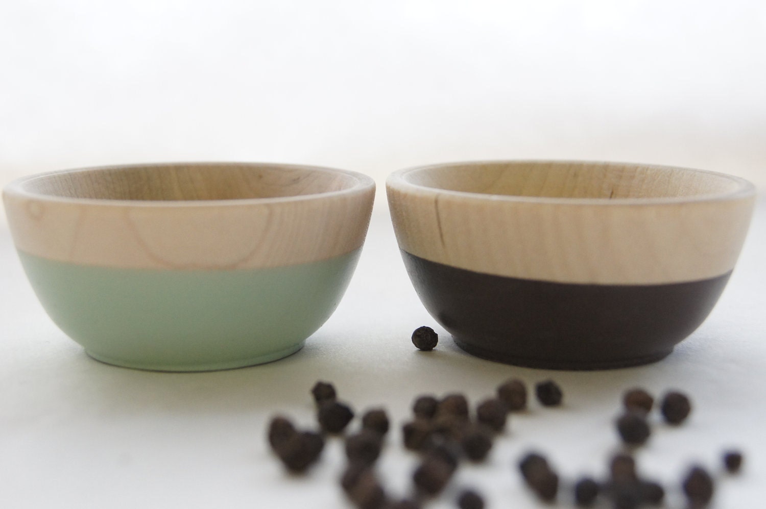 Mini Wood Bowls, Set of Two: Mint Green, Chocolate Brown, great for condiments in the kitchen or jewls in the bedroom