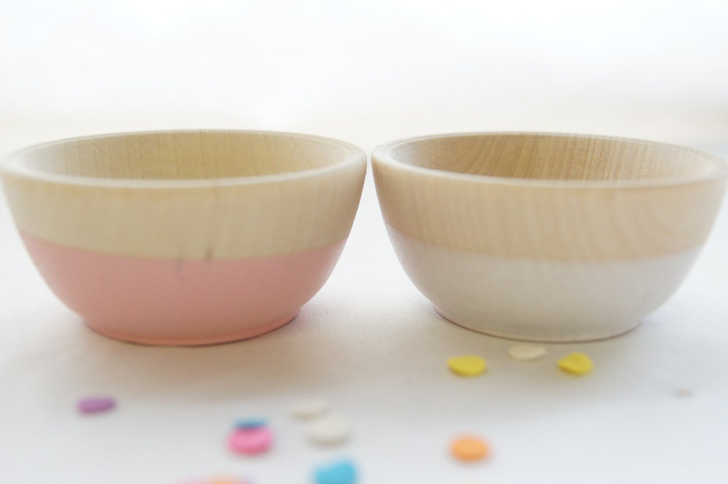 Wooden Mini Bowl Set of Two: Light Pink and White. Party Decor, Cooking/Kitchen.