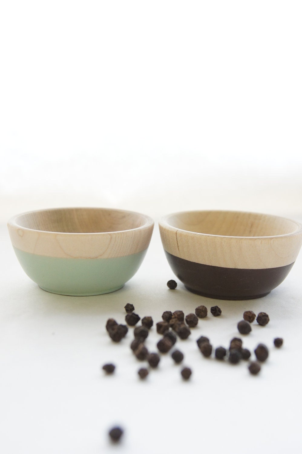 Mini Wood Bowls, Set of Two: Mint Green, Chocolate Brown, great for condiments in the kitchen or jewls in the bedroom