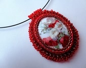 Beadwork Red Necklace, Red Poppy Pendant, Porcelain Cameo Necklace, bright red, vintage style, OOAK Jewelry, Ready to ship
