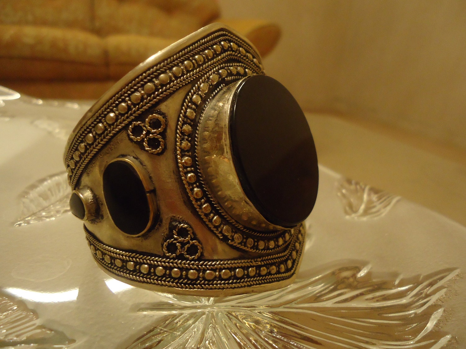 Antique Pure German Silver black Onyx Cuff