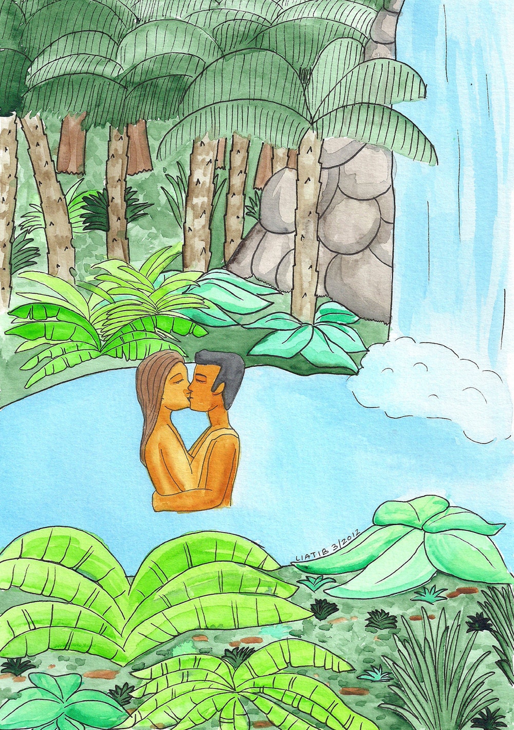waterfall kiss, 8x10 inch water color illustration print on paper. teenager room wall decor good as Valentine gift