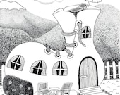 shoe house, 8x10 inch balck and white ink illustration print on paper. nursery room wall décor for baby shower