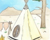 Indian tipi, 8x10 inch water color illustration print on paper. nursery room wall décor for baby shower