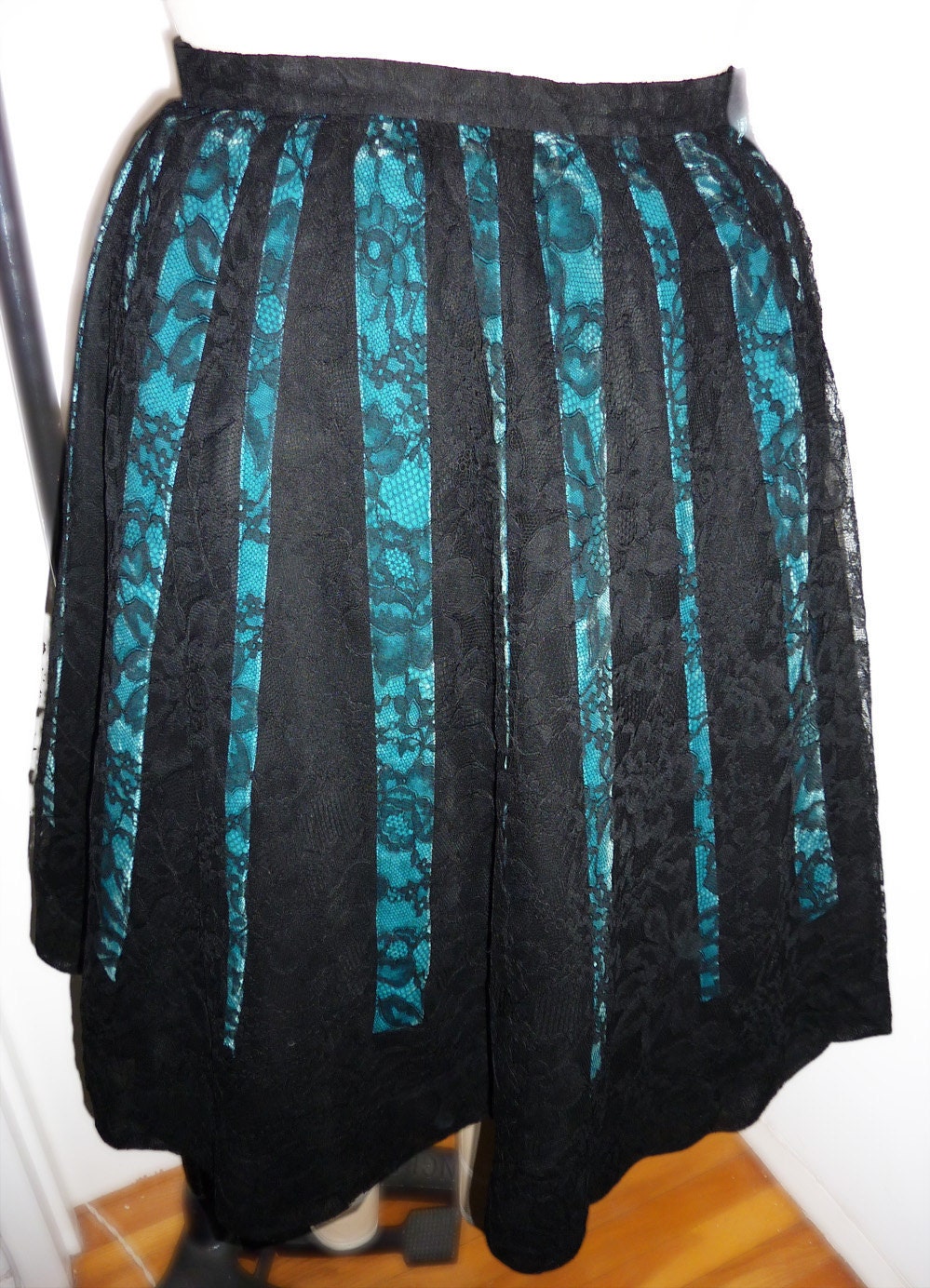 Gorgeous 1950's black chantilly lace circular skirt with turquoise velvet ribbon under the lace