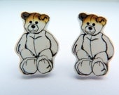 Teddy Bear Earrings Small Plastic Studs Hand Illustrated.