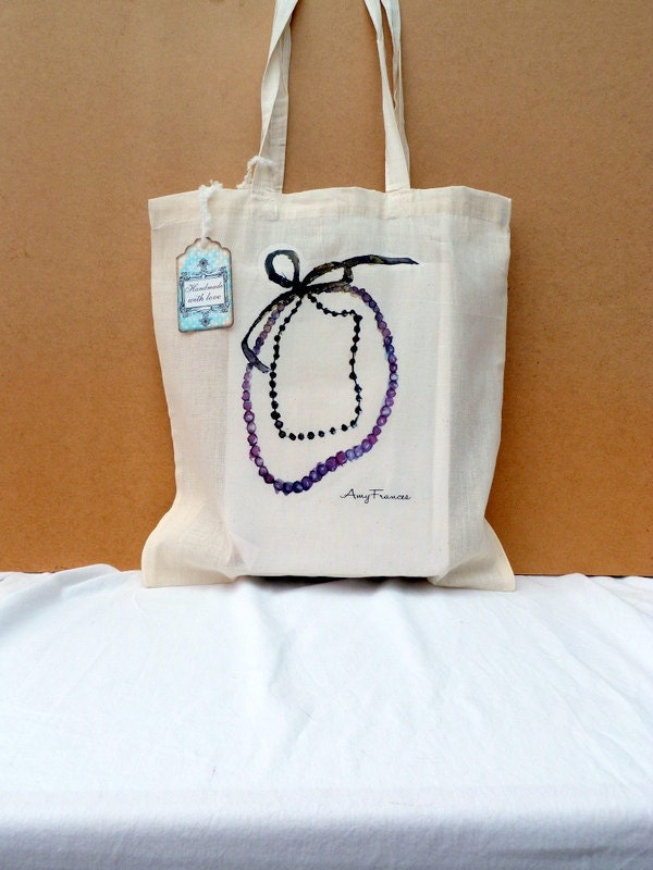 Shopper canvas bag,Purple Beaded Necklace, Fashion illustration