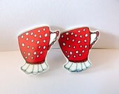 tea cup  earring, small shrink plastic,  hand illustrated red spotty studs.