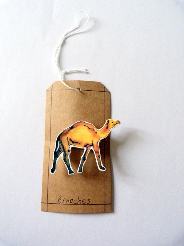 Camel plastic brooch - illustrated watercolour yellow and orange - shrink plastic