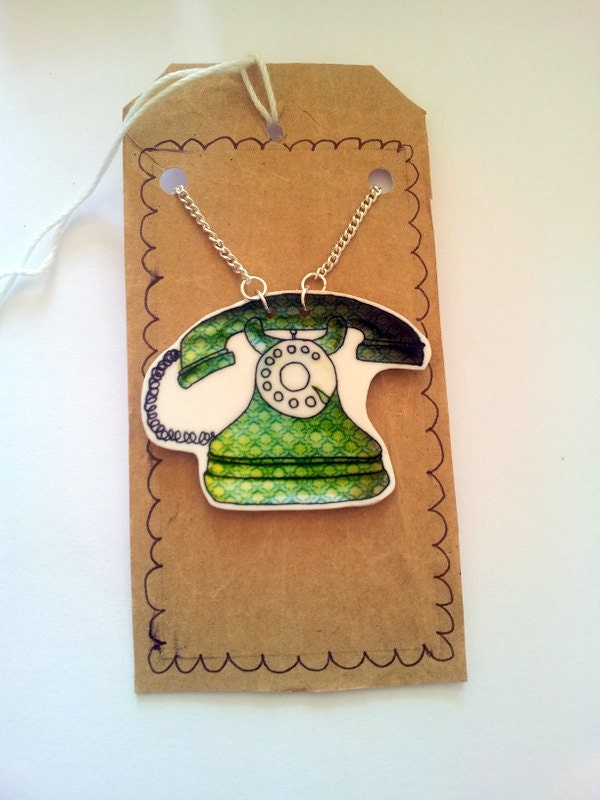 Green vintage telephone necklace - patterned phone - shrink plastic pendant - hand illustrated