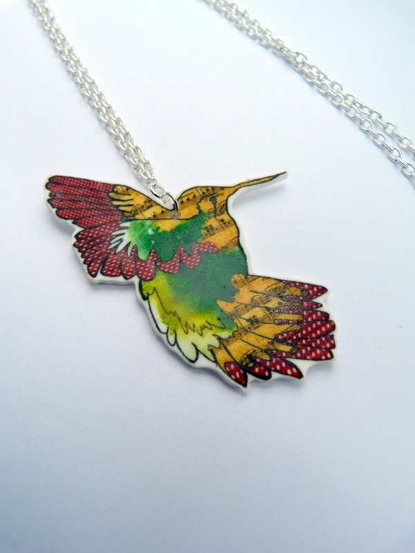 Humming Bird necklace - shrink plastic pendant - hand illustrated