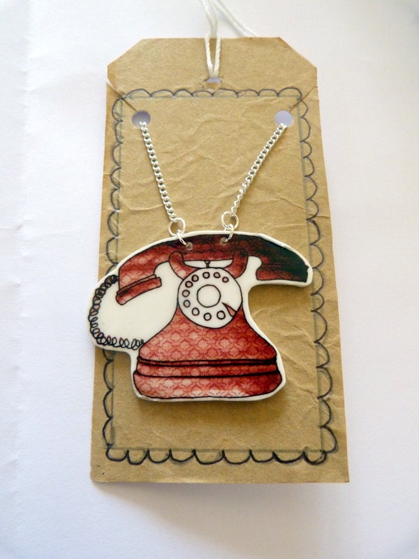 Red vintage telephone necklace - patterned phone - shrink plastic pendant - hand illustrated