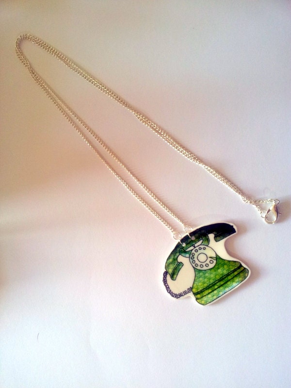 Green vintage telephone necklace - patterned phone - shrink plastic pendant - hand illustrated