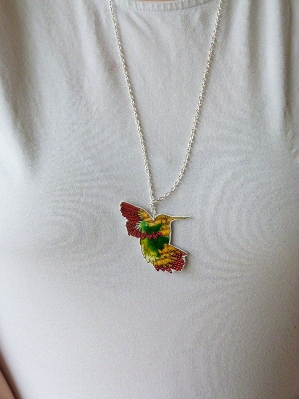 Humming Bird necklace - shrink plastic pendant - hand illustrated