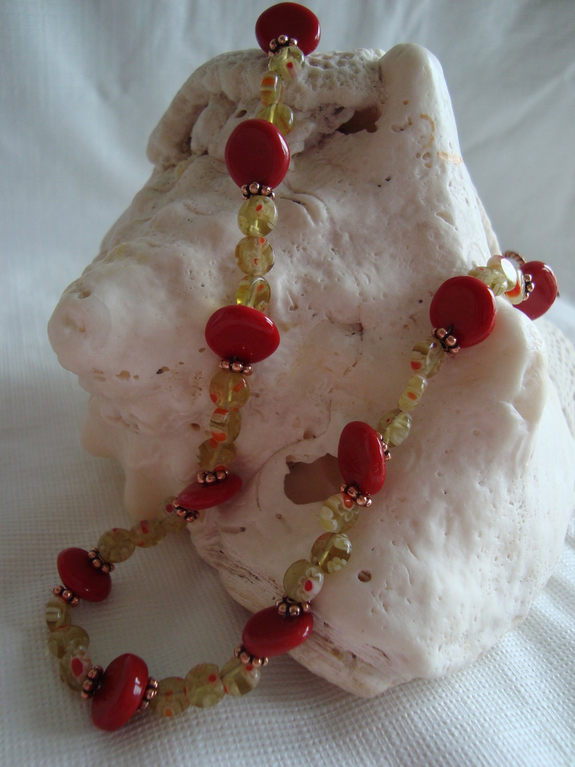 Cherry Red and Millefiori Bead Necklace