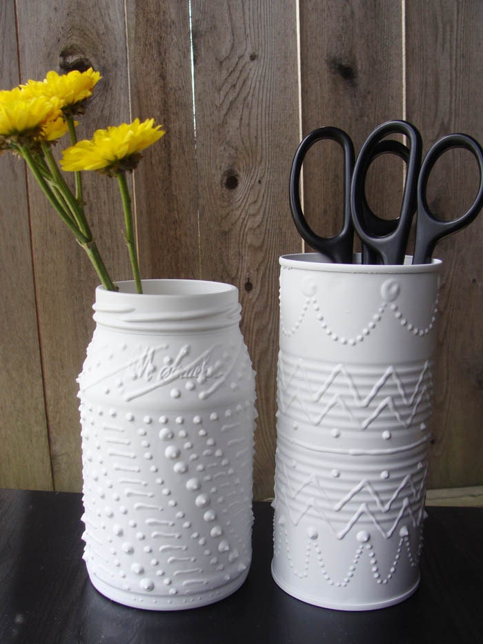2 Upcycled Containers - White Faux Porcelain Pottery