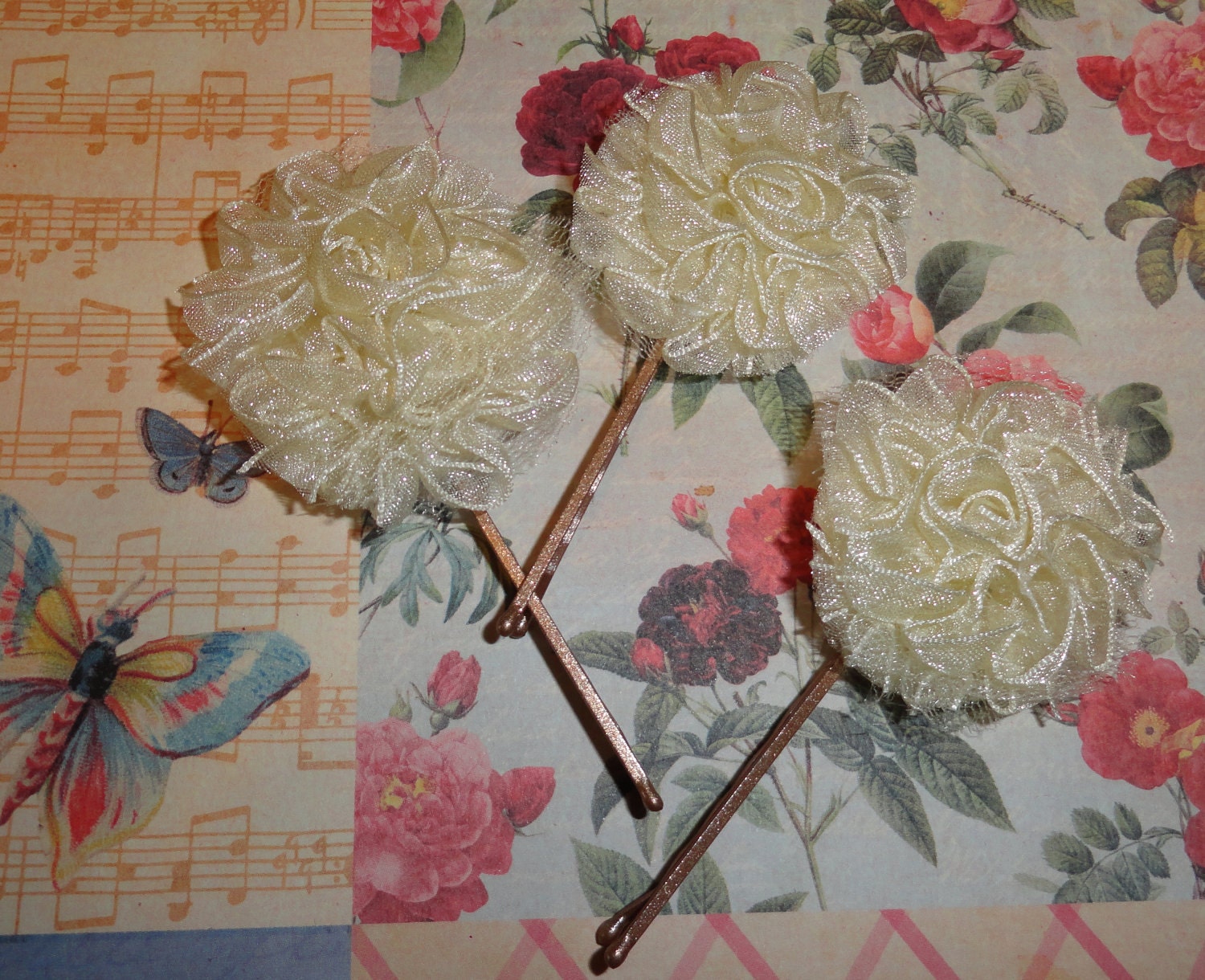 Flower bobby pins, Ivory hair accessories, Victorian style,Set of 3