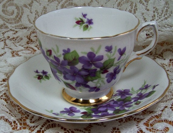 Cup and Saucer - Colclough - Made in England - numbered - bone chin Violets