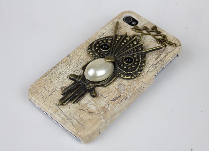 White Wood Grain  Hard Case With Big Crsytal Owl, Brass Branch for Apple iPhone 4 4g/4s