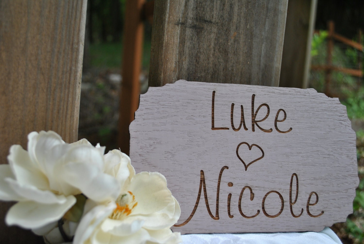 Personalized engraved painted wood wedding sign with heart