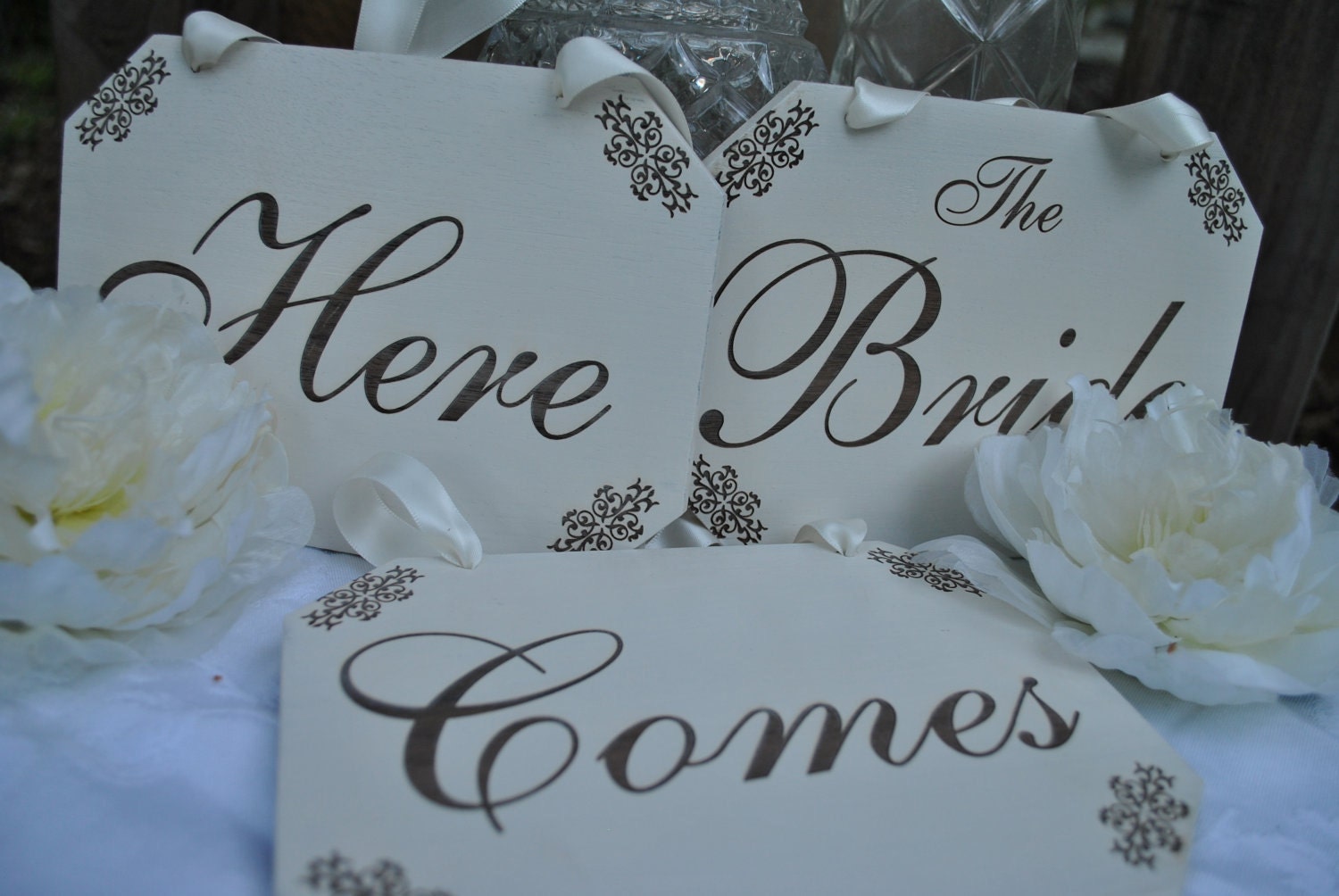Vintage Inspired "Here Comes The Bride" set of three painted engraved wood signs