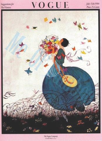 Vintage Vogue Magazine Cover Art, Fashion Print, Light Blue, Turquoise, White, Teal, Pink, Black, Red, Yellow - Hostess- July 1916 - MeOlBamboo