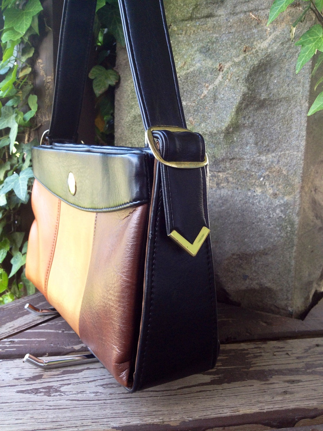 HOLIDAY SALE Vtg Vegan Camel Orange & Brown Faux Leather Shoulder Bag Handbag Purse Mod Retro Partridge Family
