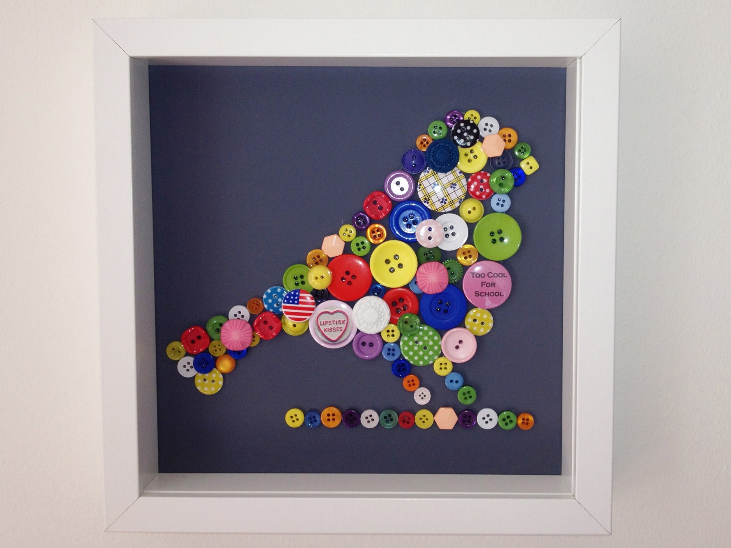 Multi-Coloured, Framed, Button Bird Picture