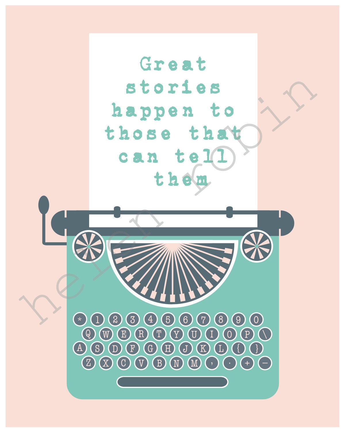 Retro Typewriter Illustration, 8x10 Print in Pink & Teal