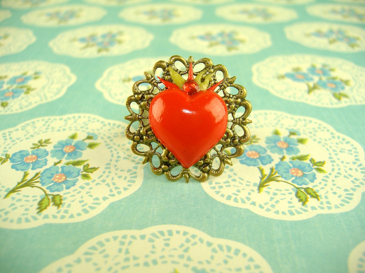 Red Sacred Heart Hand Sculpted Ring, hand sculpted red polymer clay heart on adjustable base, rings by Gauge Queen on Etsy
