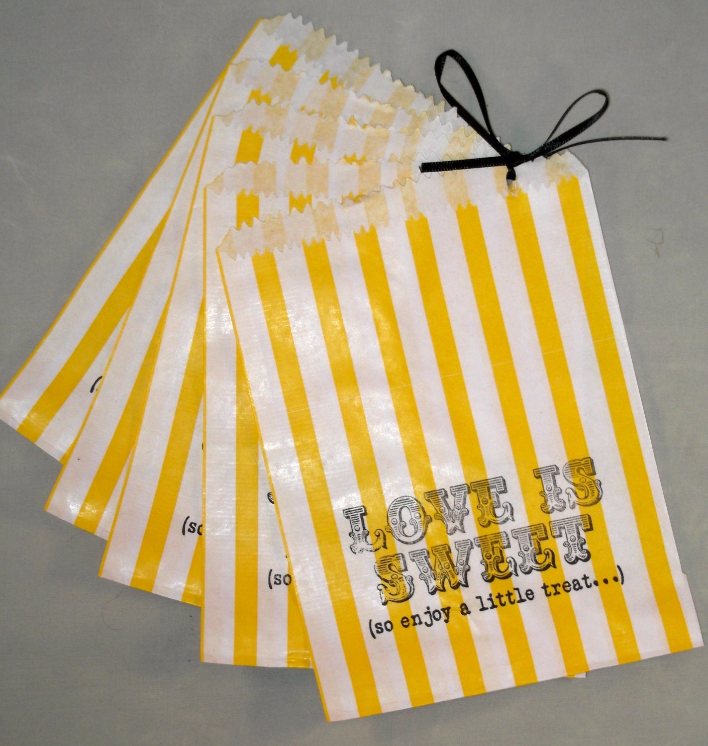 50 Yellow and White Stripe 'Love is Sweet, So enjoy a little treat...'wedding candy buffet bags/sweetie - Contact me for other quantities