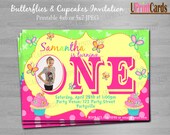 PRINTABLE - BUTTERFLIES & CUPCAKES - Girls First 1st - Personalized Photo Birthday Party - Digital diy Invitation 4x6 or 5x7 jpeg