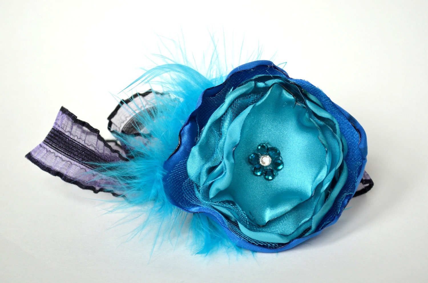 Blue Headband, Feather Headband, Childrens Headband, Satin Flower, Fun Headband