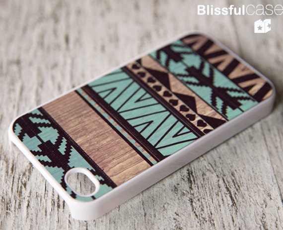 iphone 4 case - aztec geometric art mint on wood print