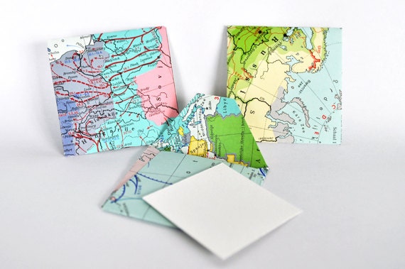 Original square envelopes with blank cards, handmade from recycled maps, set of 3
