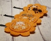 Embroidered felt bobby pin Orange wool flower hair pin
