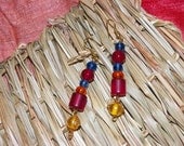 Multi-color Glass Beaded Gold Dangle Earrings w/wire wrapped gold dangle bead on end