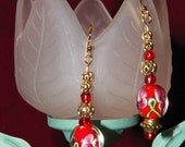 Red w/Spring Colors Glass Lampwork Bead Gold Pierced Dangle Earrings