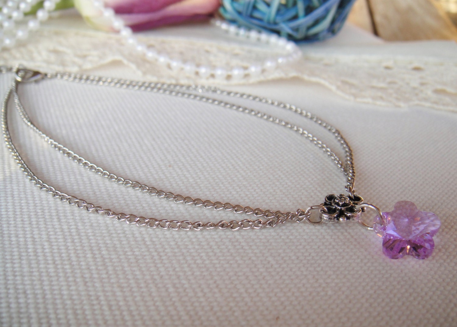 Double Chain Anklet with Swarovski Crystal Flower Pendant in Rose