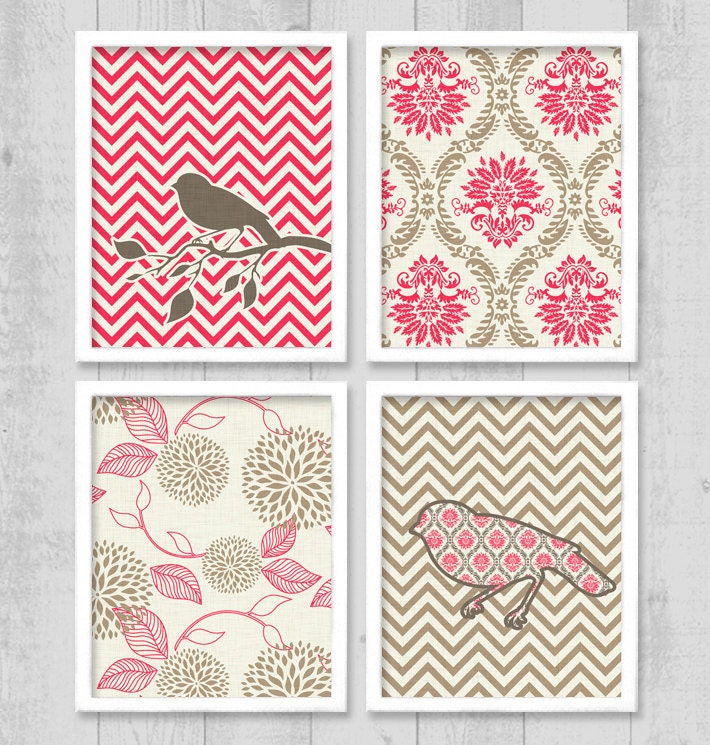Bird Damask Chevron Digital Printable Wall Art Print 8"x10" Set (Jpeg Files) - INSTANT DOWNLOAD - V203