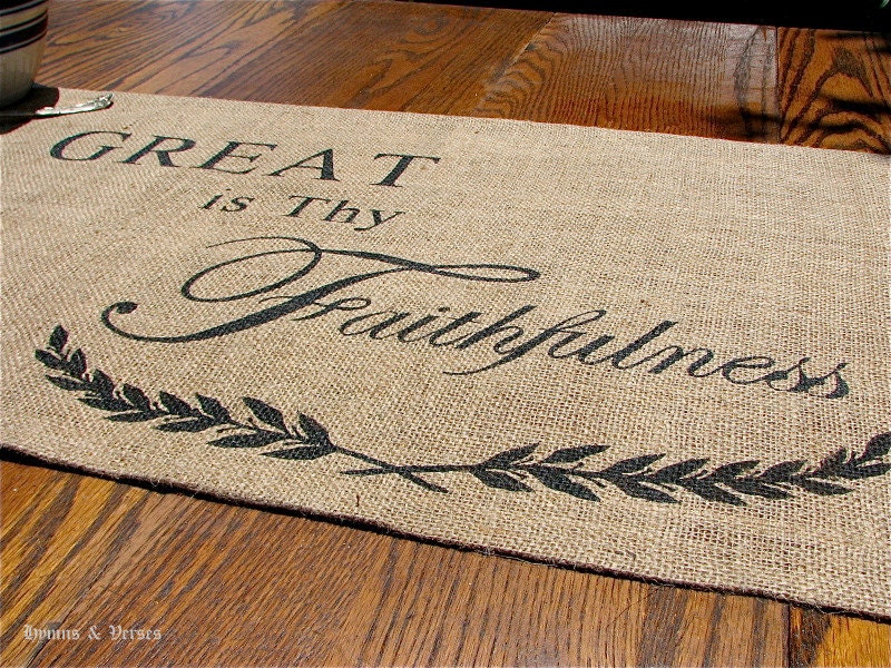 Great is Thy Faithfulness 17 x 78 inch Burlap Table Runner with Fringe Detail