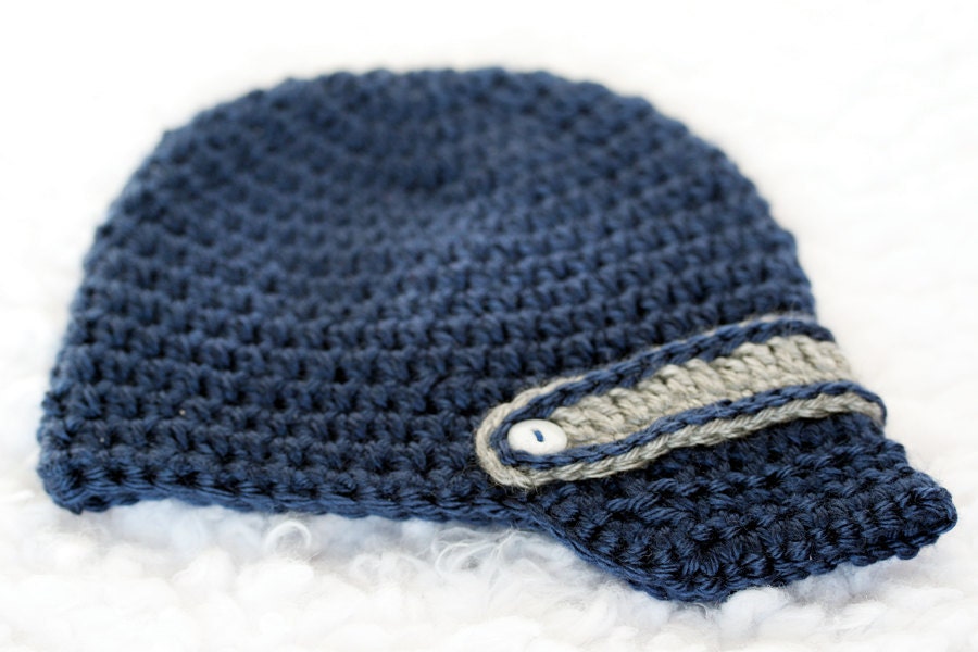 Crochet Newsboy Hat // Navy Blue and Grey // 0 to 3 Months