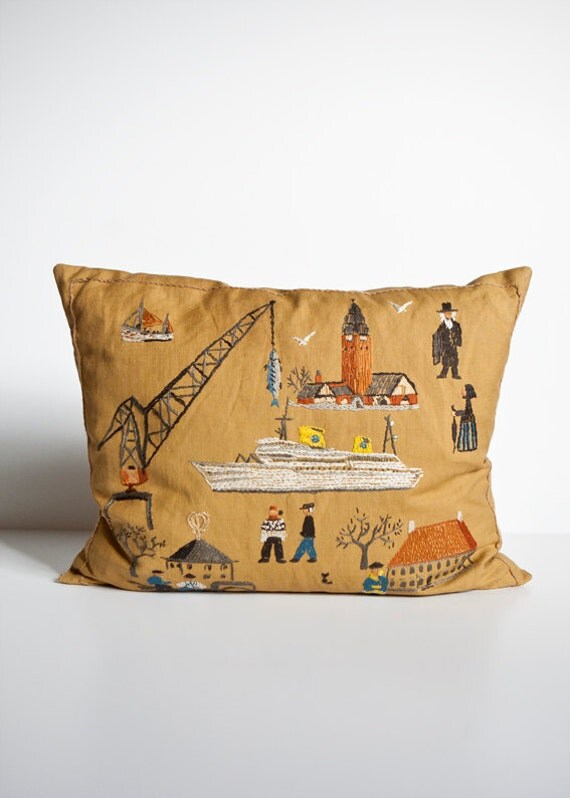 Vintage Hand Embroidered Pillow - Nautical Theme