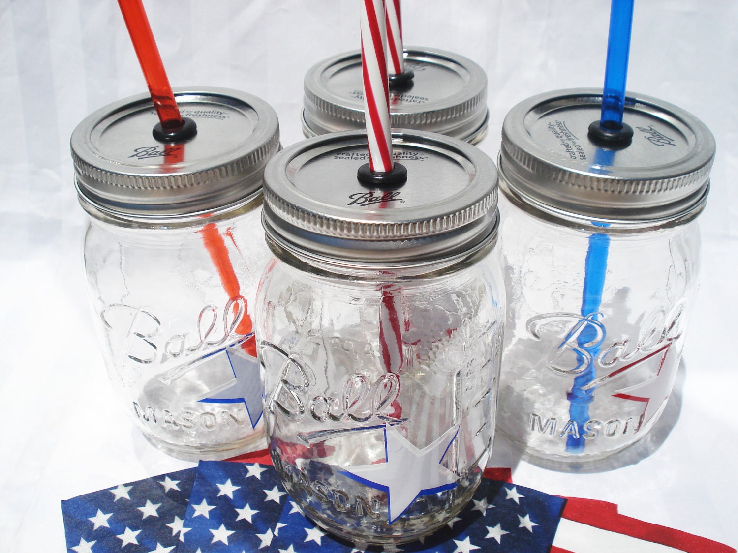 4th of July Mason Jar Tumblers Mason Drinks with AMERICA Stars and Striped Straws Red White and Blue Drinks FIVE 16 oz 4th of July Party