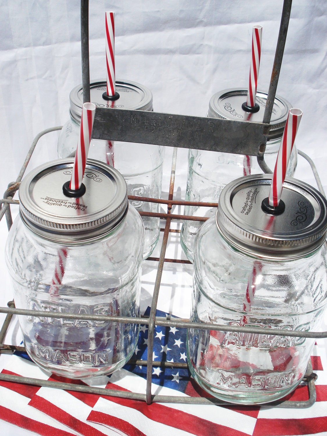 4th of July Mason Jar Drinks Red White and Blue AMERICA Party with Vintage Milk Carrier and Reusable BPA Free Straws - bittersweetlemonade