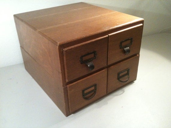 Index Card Catalog 4 Drawer Wood Box, Vintage Office Storage Wood 
