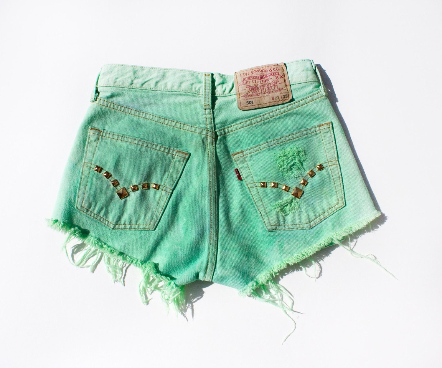 Vintage Levis Pastel Lime Green Cut offs Gold Studs