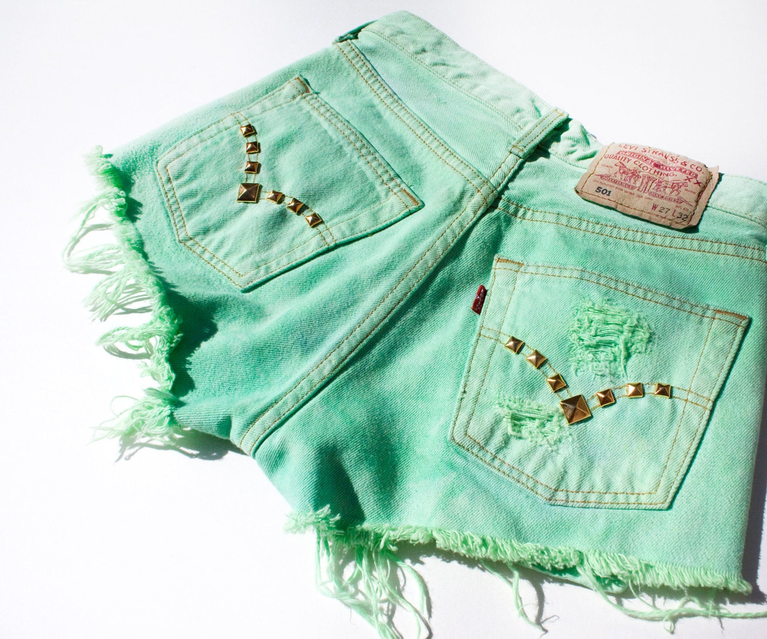 Vintage Levis Pastel Lime Green Cut offs Gold Studs